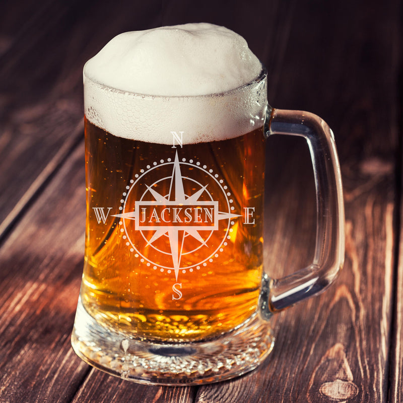 Personalized Etched Compass Monogram Beer mug - cheapgroomsmengifts