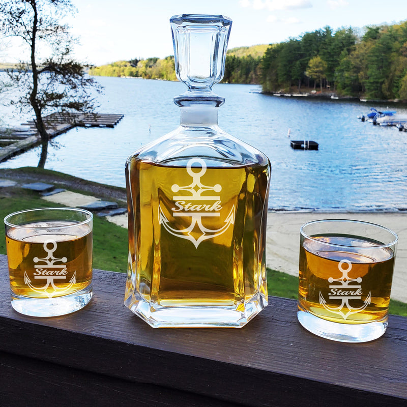 Personalized Monogram Anchor Decanter & Rocks Whiskey Glasses Engraved Anniversary Nautical Gift Man Cave Retirement Father&