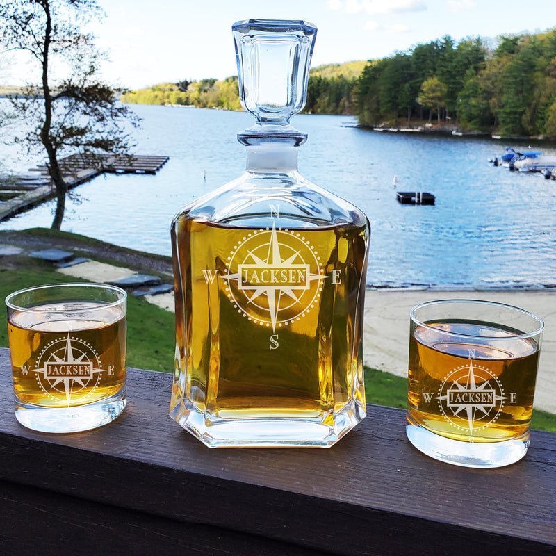 Personalized Monogram Compass Decanter & Rocks Whiskey Glasses Engraved Anniversary Nautical Gift Man Cave Retirement Father&