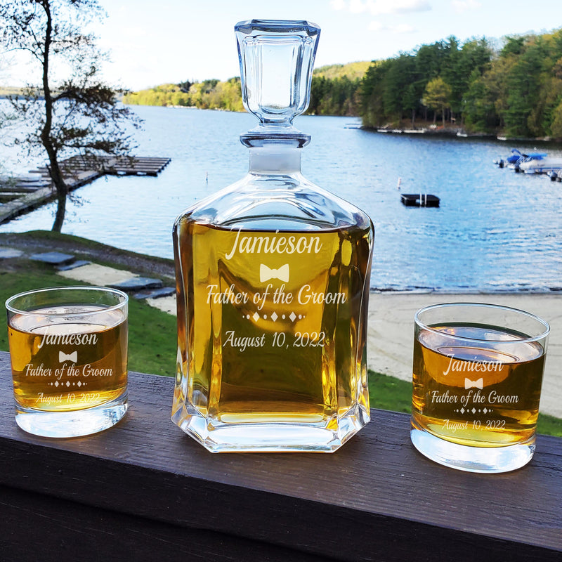 Personalized Whiskey Bowtie Decanter & Rocks Glasses Set Perfect Father of The Bride Wedding Gift Best Groomsmen Groom Decanter Gift Set