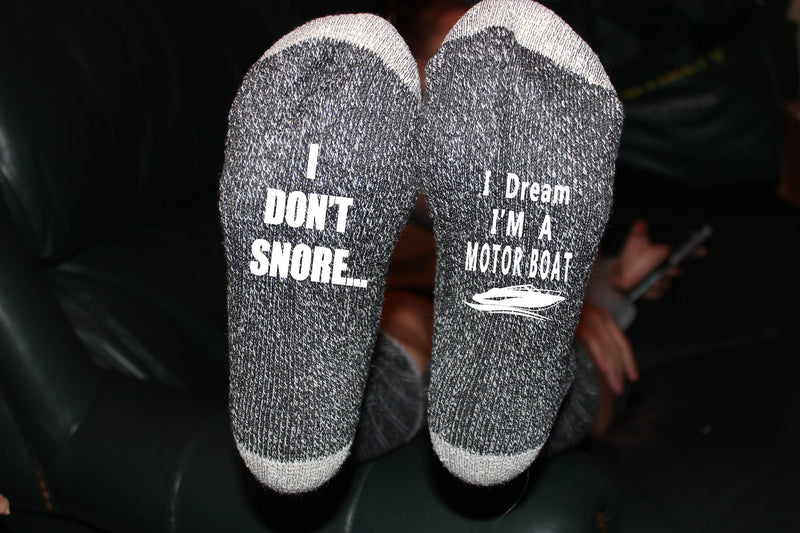 Funny Father's Day Gift Socks I Don't Snore I Dream I'm a Motor Boat Valentines Day Men's gag gift socks Fishing gift for hime husband Dad