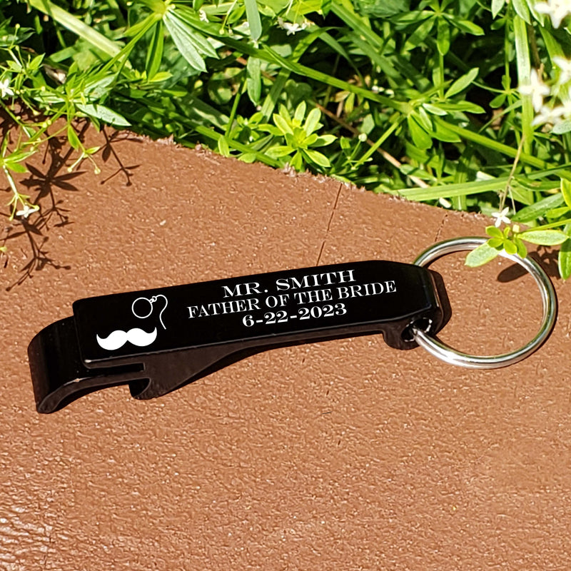 Personalized Father of Bride Mustache Bottle Opener Key Chain Engraved Beer Key Chain FOB Gift for Father of Bride Bachelor Party Gifts
