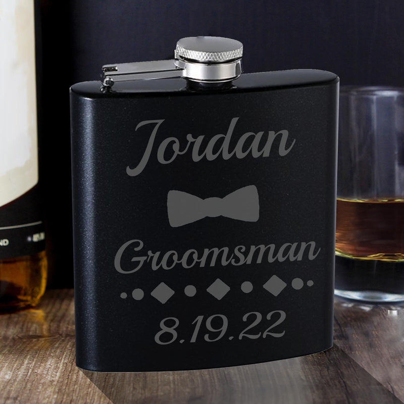 Personalized Groomsmen Flask Bowtie Perfect Groomsman Wedding Gift Engraved Flask Groomsmen Gift from Groom Proposal Gift for Bachelor Party
