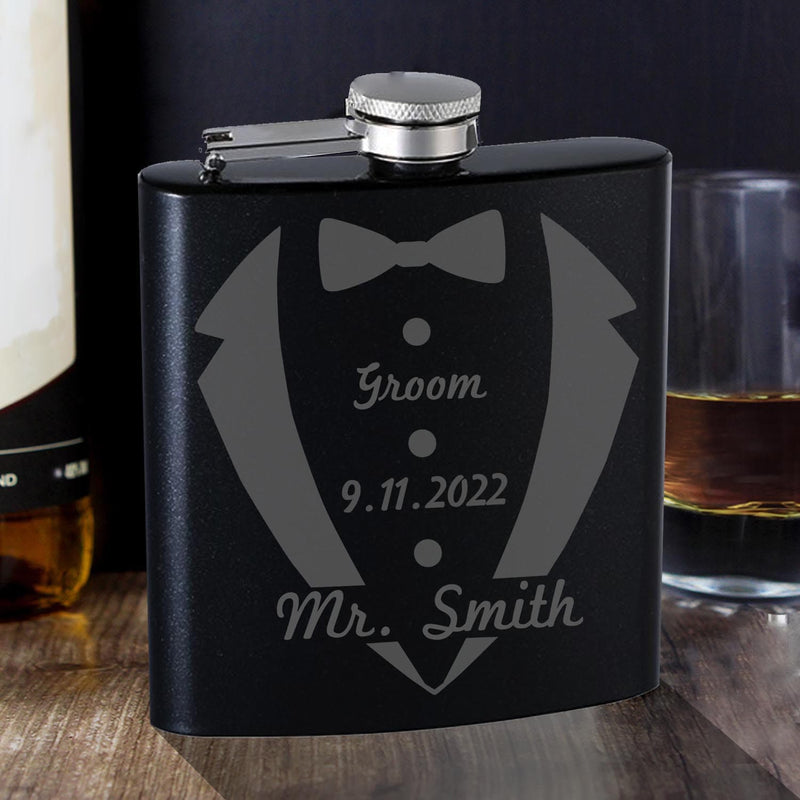 Personalized Groom Tuxedo Flask Wedding Gift Engraved Flask Bachelor Party from Bride or Best Man Gift From Mother of Groom