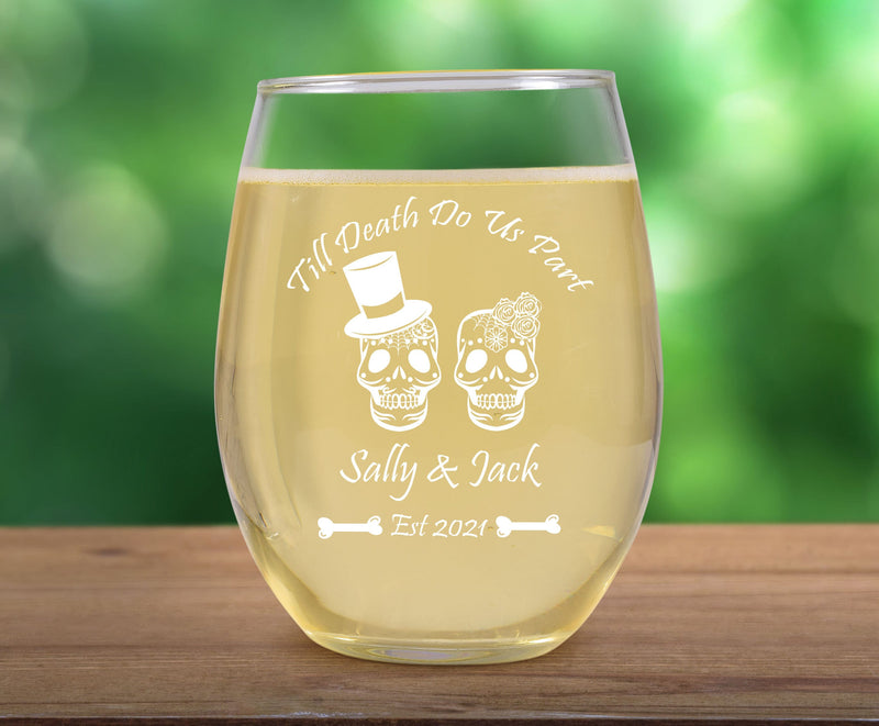Funny Til Death Do Us Part Wine Gift for Wedding Etched Stemless Wine Glass Halloween Bride and Groom Gift 1st Halloween Together Barware
