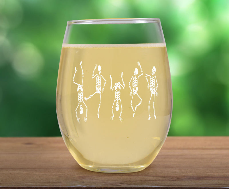 Funny Dancing skeleton Wine Gift for Best Friend Etched Stemless Wine Glass Gift Halloween Wine Lover Gift Mom Sister Gift Halloween Barware