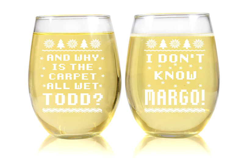 SET OF 2 Matching Christmas Funny Etched Wine Glasses I Don't Know Margo Why is the Carpet All Wet Todd Stemless Wine Glasses Christmas