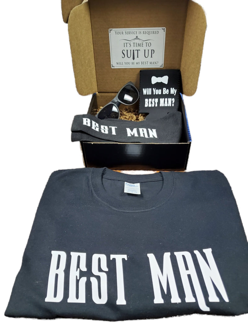 Best Man Proposal Gift Box Best Man shirt, Socks, Can Cooler, Sunglasses Gift Box Bet Man Funny Proposal Box items Groomsmen gifts