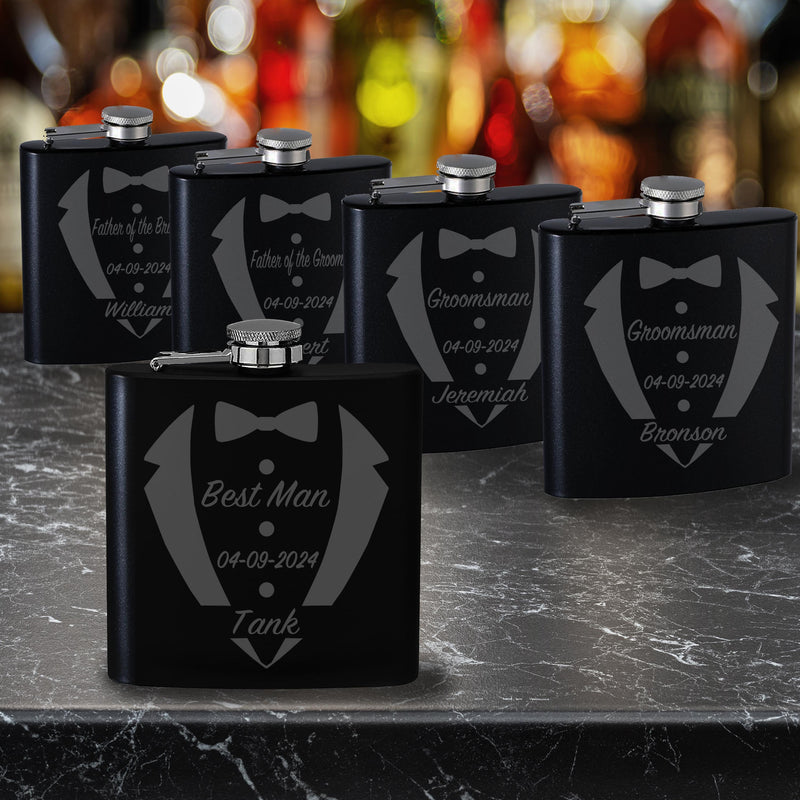 Set of 5 Personalized Tux Flasks Groomsmen Proposal Gifts Best Man Flask Perfect gift from Groom Wedding Engraved Flask Bachelor Party Gifts