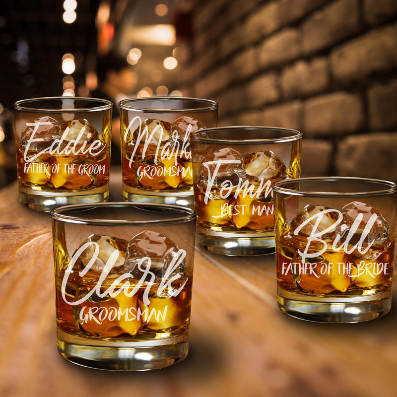 Personalized Etched Set of 5 Groomsmen Gift Script Whiskey Glass Groomsmen Proposal Gifts Best Man Rocks glasses Bachelor Party Gifts