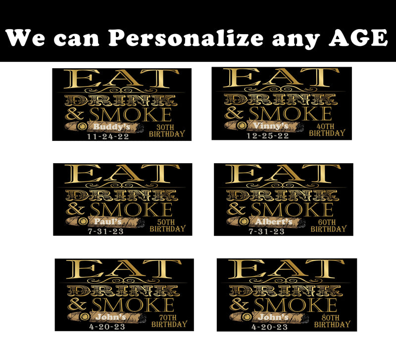 Set of 50 Personalized Eat Drink & Smoke Cigars Match Boxes Birthday Party Favors Stickers Labels 40th 50th 60th 70th Birthday Cigar Gifts