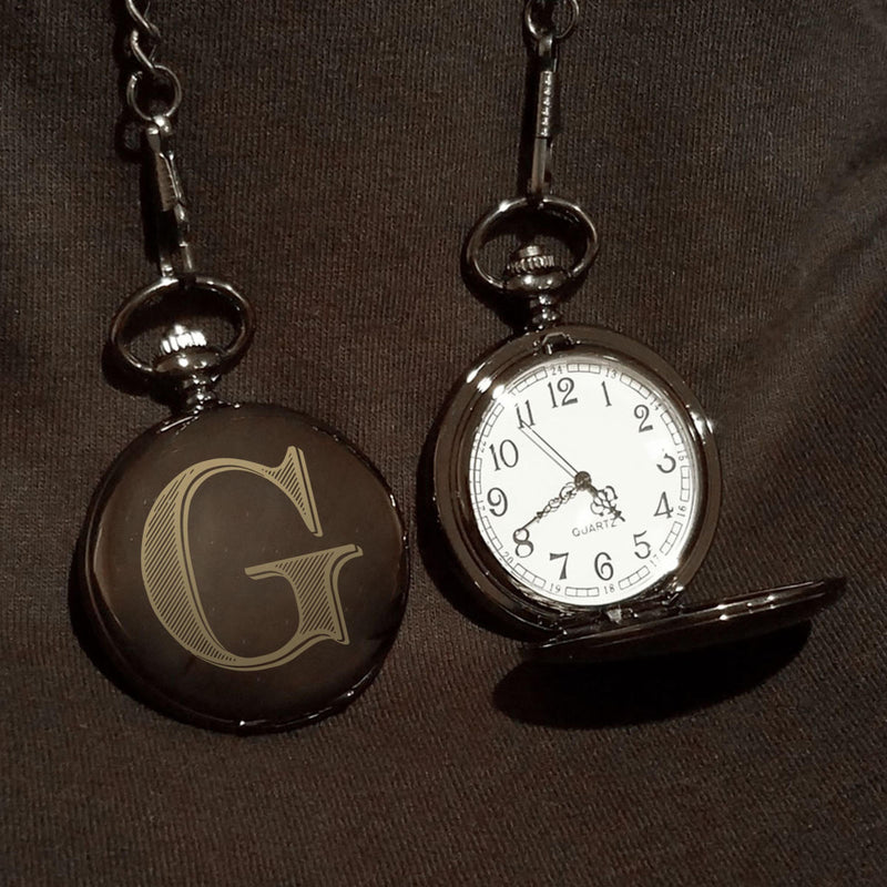 Monogrammed Gunmetal Pocket Watch Black Metal Custom Best Man Gift - cheapgroomsmengifts