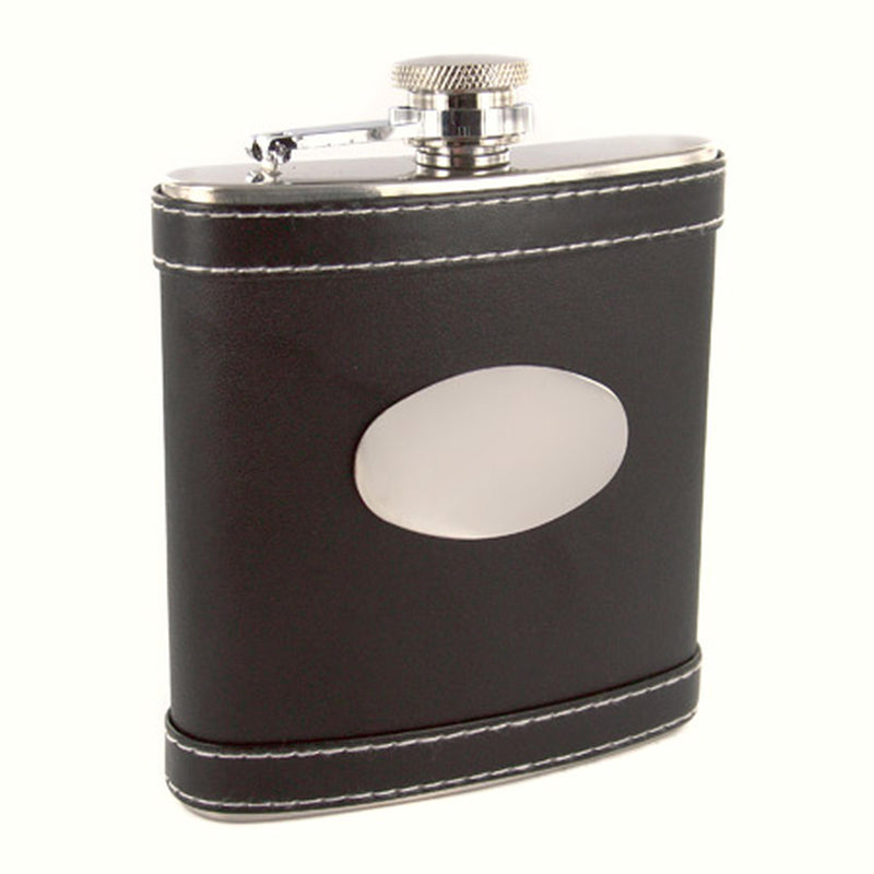 Personalized 6 oz. Black Genuine Leather Flask - cheapgroomsmengifts