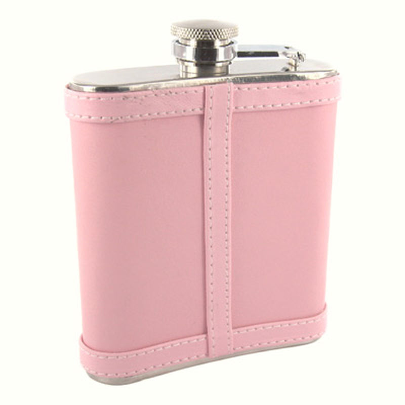 Personalized 6 oz. Pink Genuine Leather Flask [CLOSEOUT SALE] - cheapgroomsmengifts