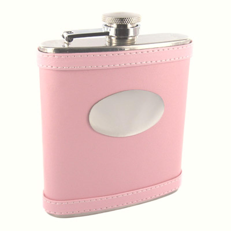Personalized 6 oz. Pink Genuine Leather Flask [CLOSEOUT SALE] - cheapgroomsmengifts