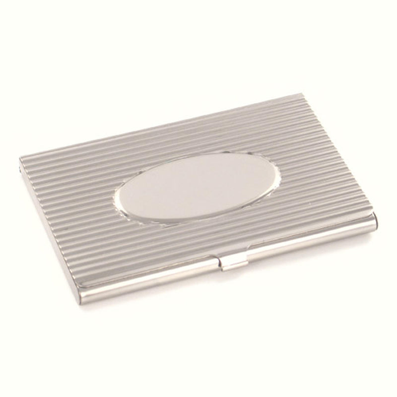 Personalized Silver Ribbed Business Card Case w- Oval Center - cheapgroomsmengifts